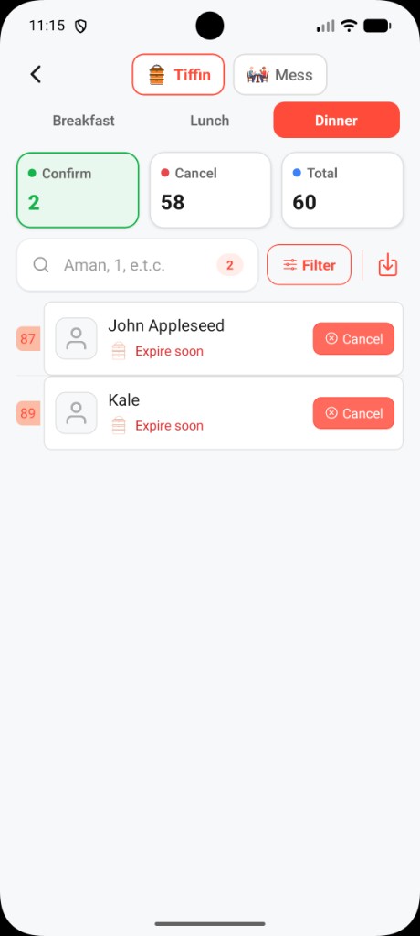 Today's orders screen
